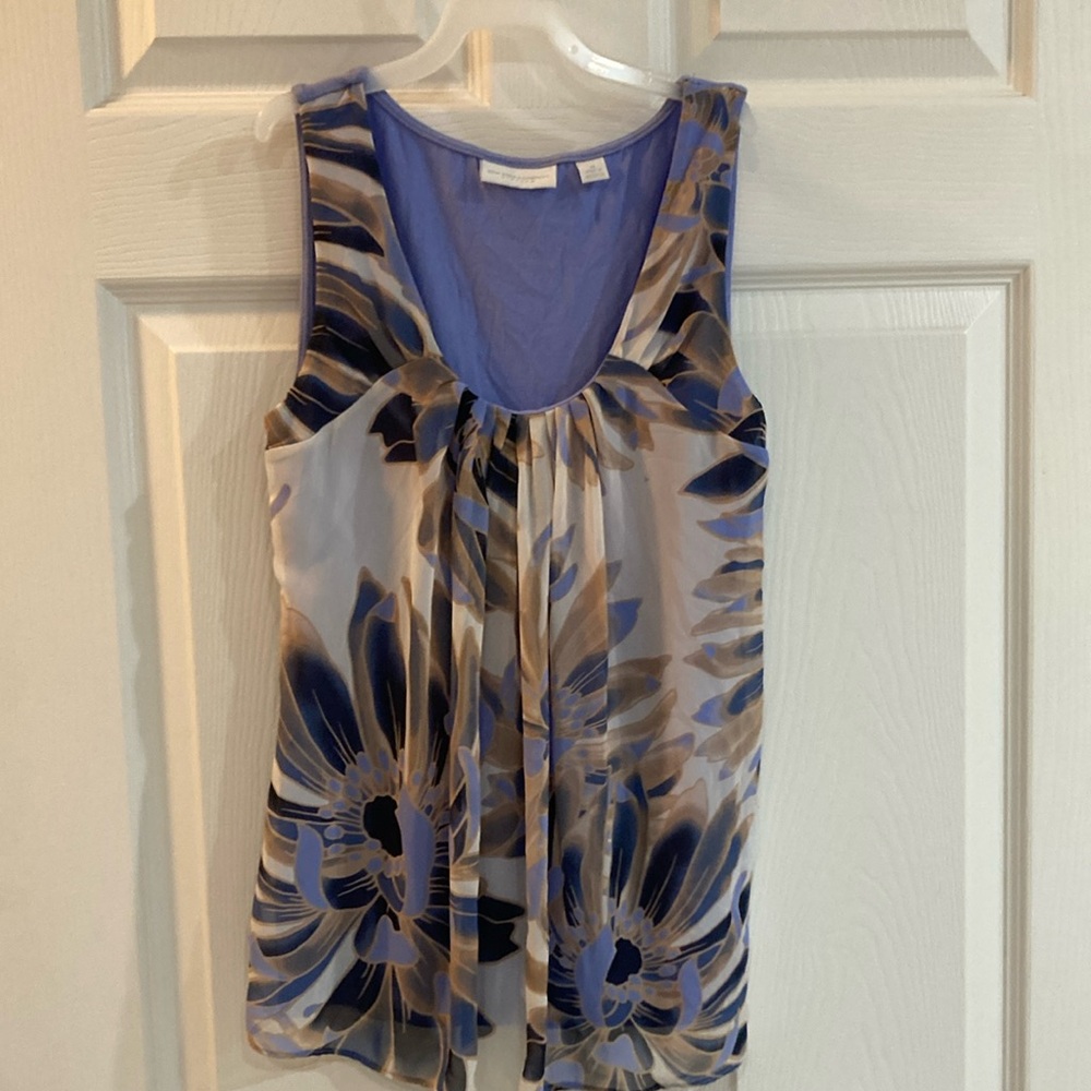 New York & Company Blue and Cream Sleeveless Blouse